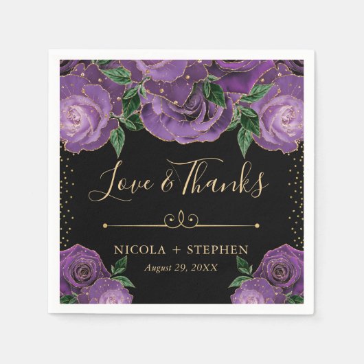 Serviette En Papier Aquarelle violet et or glam Rose Mariage (Devant)