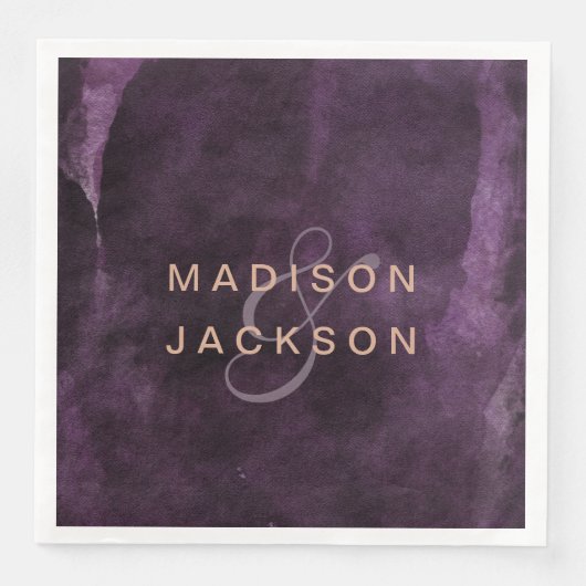 Serviette En Papier Aquarelle violet foncé Rose or Mariage Monogramme (Devant)