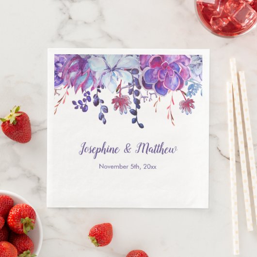 Serviette En Papier Aquarelle violet Succulents Mariage serviettes (En situation)