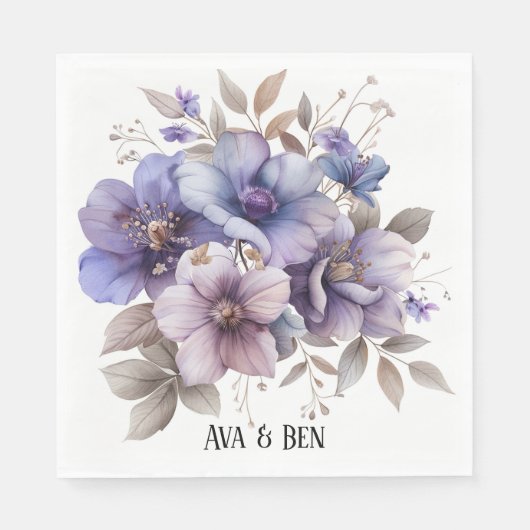 Serviette En Papier Aquarelle violette et bleu Mariage floral (Devant)