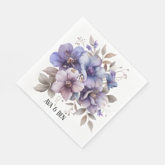 Serviette En Papier Aquarelle violette et bleu Mariage floral (Coin)