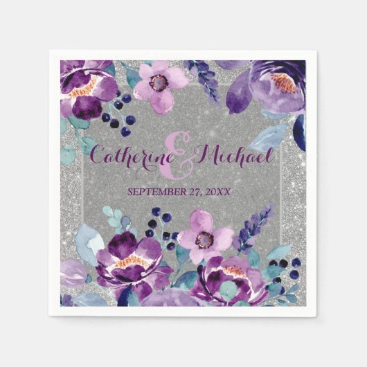 Serviette En Papier Aquarelle violette Floral et Mariage Parties scint (Devant)