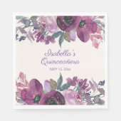 Serviette En Papier Aquarelle violette Floral Quinceañera Nom Date (Devant)