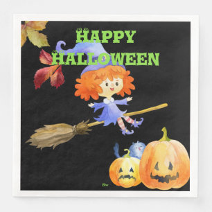Serviette En Papier Aquarelle volante mignonne sorcière Halloween