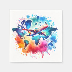 Serviette En Papier Aquarelle Voyageons dans le monde