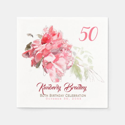 Serviette En Papier Aquarelles Peony originales 50e Anniversaire de fê (Devant)