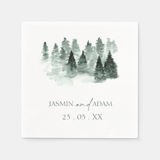 Serviette En Papier Aquarelles vertes rustiques Arbres Mariages bois (Devant)