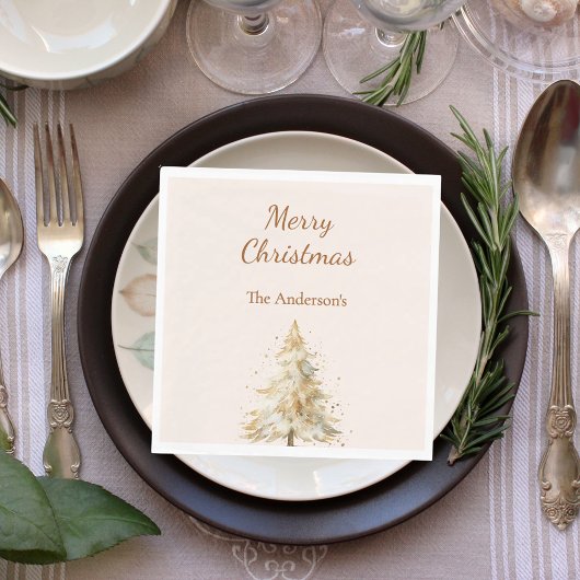 Serviette En Papier Arbre beige neige script Réveillon de Noël