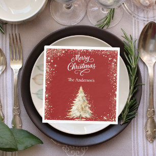 Serviette En Papier Arbre blanc rouge neige paillettes Noël déjeuner