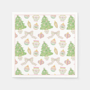 Serviette En Papier Arbre de Noël à boules en chinoiserie rose aquarel