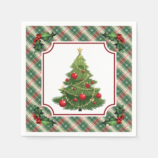 Serviette En Papier Arbre de Noël à carreaux avec houx (Devant)