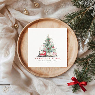 Serviette En Papier Arbre de Noël à l'aquarelle Train jouet sur mesure