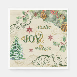 Serviette En Papier Arbre de Noël Amour Joie Paix Holly Typographie