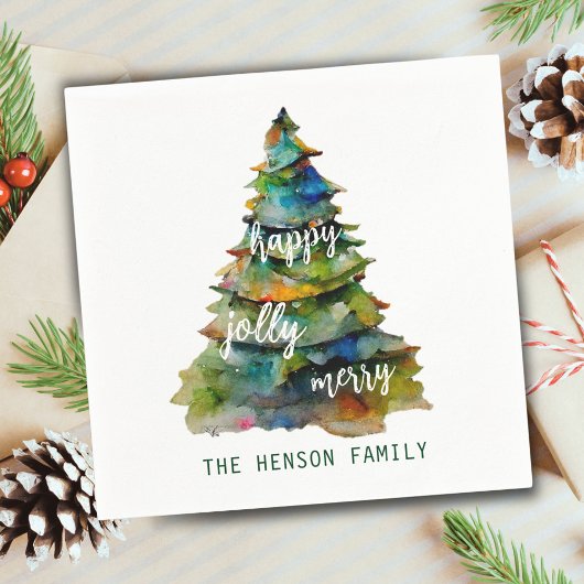Serviette En Papier Arbre de Noël Aquarelle Joyeux Jolly Happy