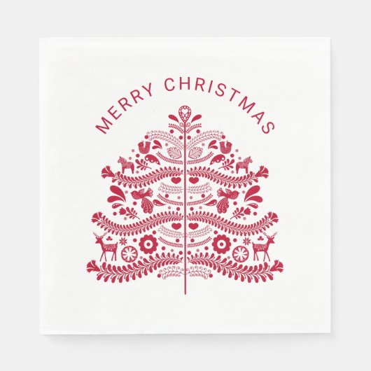 Serviette En Papier Arbre de Noël d'art populaire scandinave rouge (Devant)