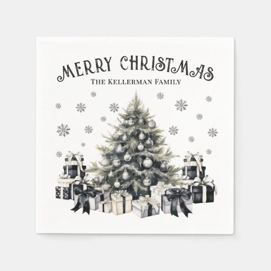 Serviette En Papier Arbre de Noël noir blanc élégant (Devant)