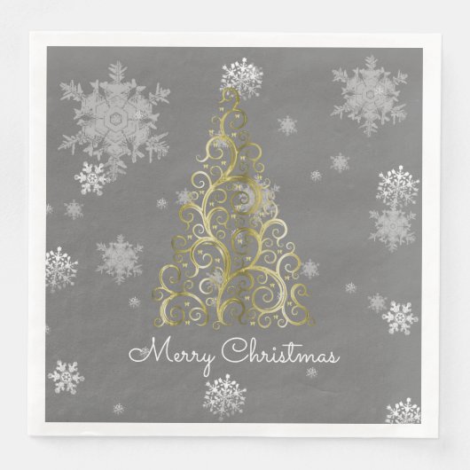 Serviette En Papier Arbre de Noël or et flocons de neige Papier Napkin (Devant)