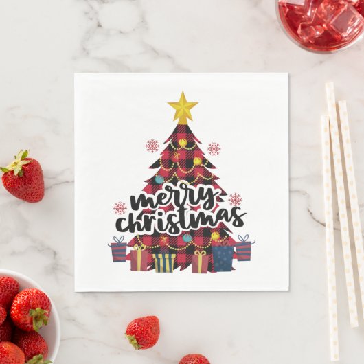 Serviette En Papier Arbre de Noël Plaid Buffalo Rouge (En situation)