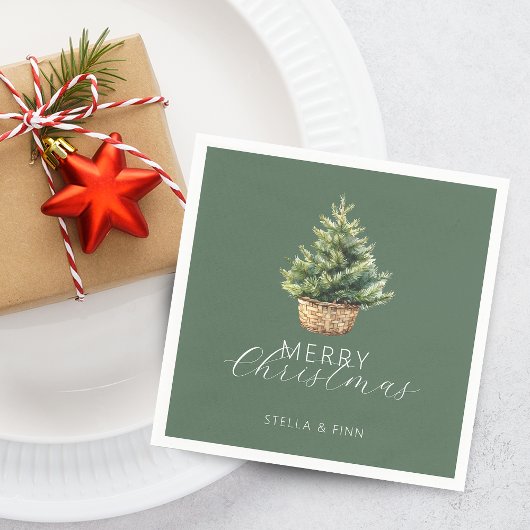 Serviette En Papier Arbre de Noël rustique dans un panier vert poussié