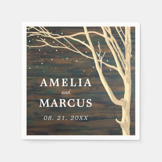 Serviette En Papier Arbre d'hiver rustique Mariage en bois foncé (Devant)