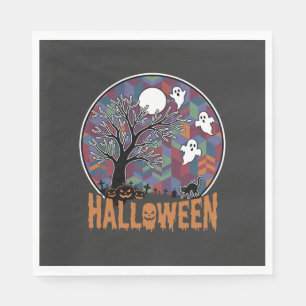 Serviette En Papier Arbre ensorcelé d'Halloween Fantômes et Chat Noir