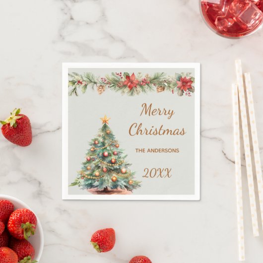 Serviette En Papier Arbre garland rouge floraux vert fête de Noël (En situation)