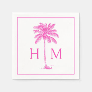 Serviette En Papier Arbre Palmier Rose et Blanc Monogramme