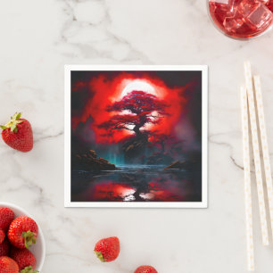 Serviette En Papier Arbre rouge mystique sous la pleine lune