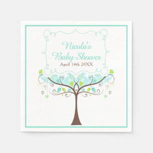 Serviette En Papier Arbres aux coeurs d'oiseaux Bleu et Vert Baby Show
