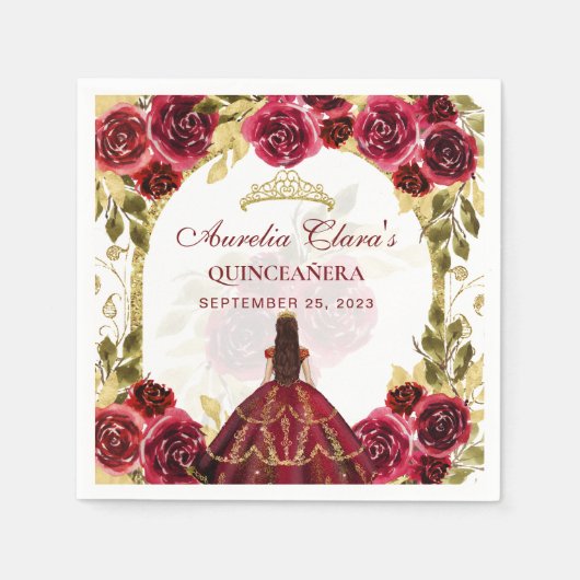 Serviette En Papier Arc d'or princesse Florale Rouge Quinceanera (Devant)
