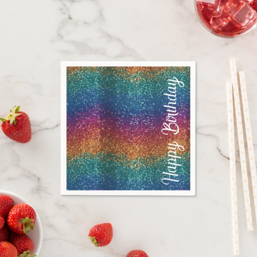 Serviette En Papier Arc-en-ciel Éclairé Metallic Joyeux Anniversaire (En situation)
