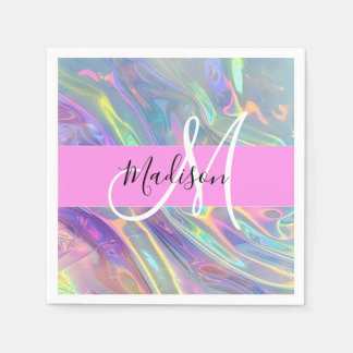 Serviette En Papier Arc-en-ciel girly holographique monogramme iridesc