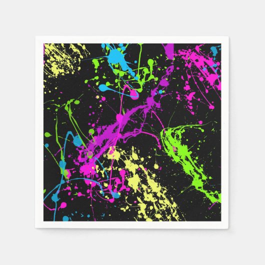 Serviette En Papier Arc-en-ciel rétro de Neon Paint Splateaux sur Noir (Devant)