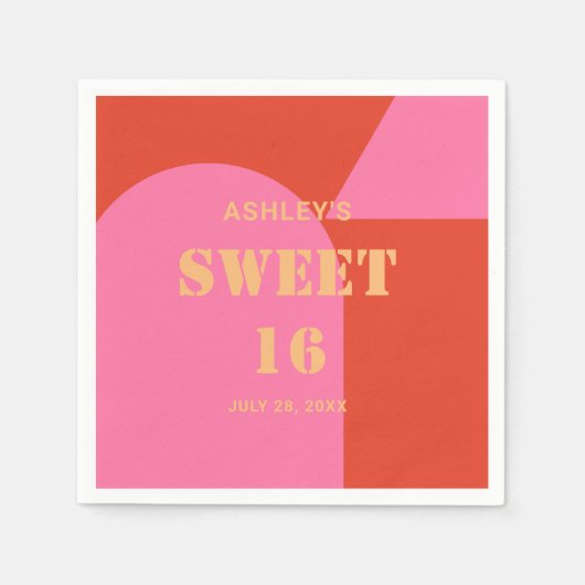 Serviette En Papier Arc rétro rose et orange sucré 16 Anniversaire (Devant)