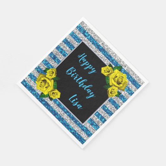 Serviette En Papier Argent Bleu Parties scintillant rayures Roses Jaun (Coin)