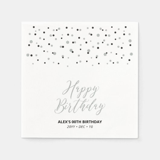 Serviette En Papier Argent et Hexagon noir Confetti Joyeux anniversair (Devant)