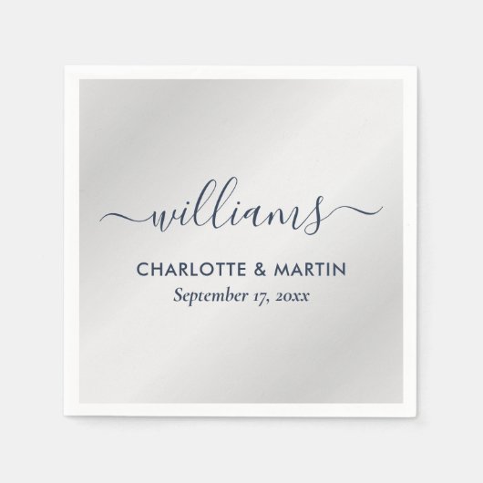 Serviette En Papier Argent et Mariage bleu marine (Devant)