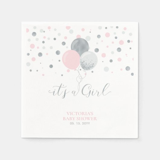 Serviette En Papier Argent et rose C'est une serviette Baby shower fil (Devant)