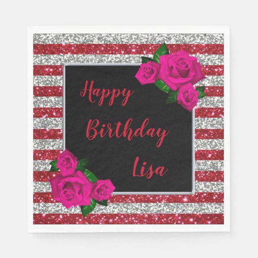 Serviette En Papier Argent Rouge Parties scintillant rayures rose Rose (Devant)