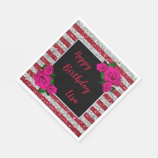 Serviette En Papier Argent Rouge Parties scintillant rayures rose Rose (Coin)