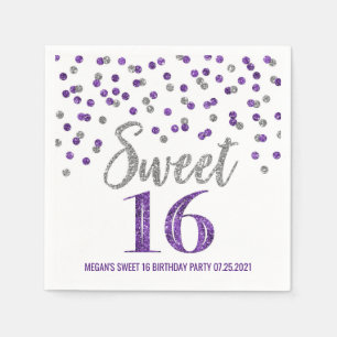 Serviette En Papier Argent violet Confetti Sweet 16 Anniversaire