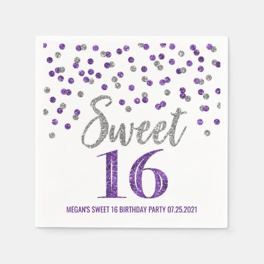 Serviette En Papier Argent violet Confetti Sweet 16 Anniversaire (Devant)
