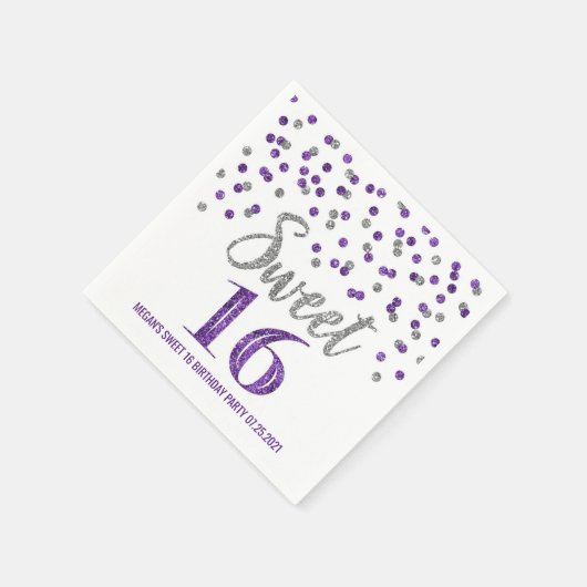 Serviette En Papier Argent violet Confetti Sweet 16 Anniversaire (Coin)