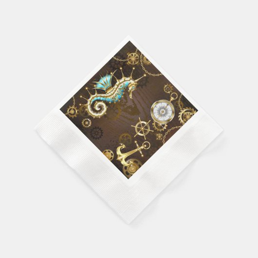 Serviette En Papier Arrière - plan en bois avec cheval de mer mécaniqu (Coin)