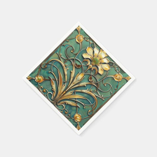 Serviette En Papier Art Déco Belle Lily Turquoise Vert Or (Coin)
