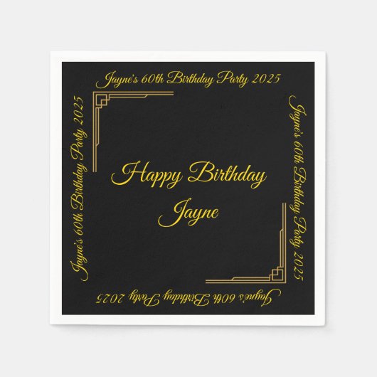 Serviette En Papier Art Déco Gold sur la fête d'anniversaire noire (Devant)