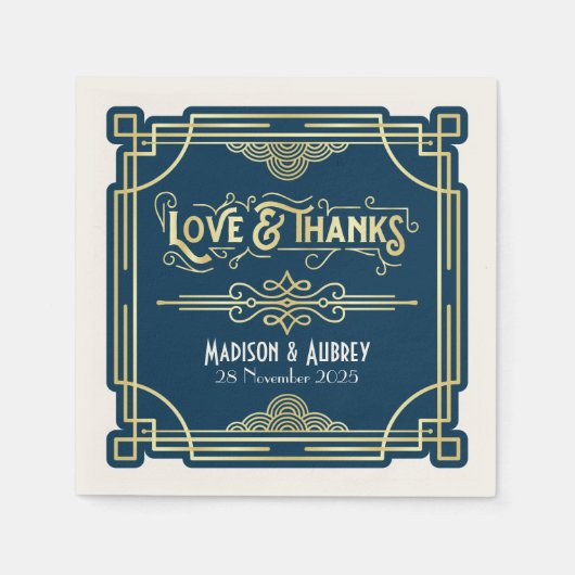 Serviette En Papier Art Déco Mariage Elegant Gold Blue Gatsby (Devant)