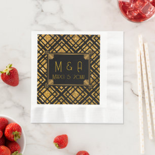 Serviette En Papier Art Déco Mariage Noir et Or Naples déjeuner