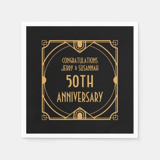 Serviette En Papier Art Déco Nom 50e anniversaire Mariage Noir (Devant)