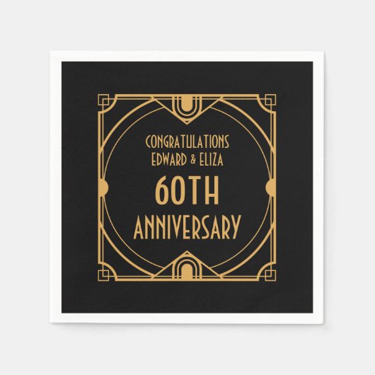 Serviette En Papier Art Déco Nom 60e anniversaire Mariage Or Noir (Devant)